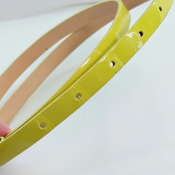 J. Crew Thin Yellow Shiny Patent Leather-Like Belt, Brass Buckle, Size Small - Picture 6 of 8